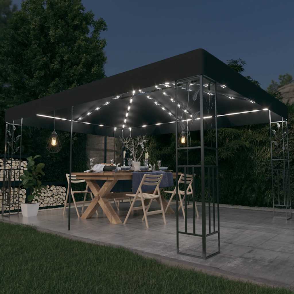 pavillon med dobbelt tag og LED-lyskæder 3x4 m antracitgrå