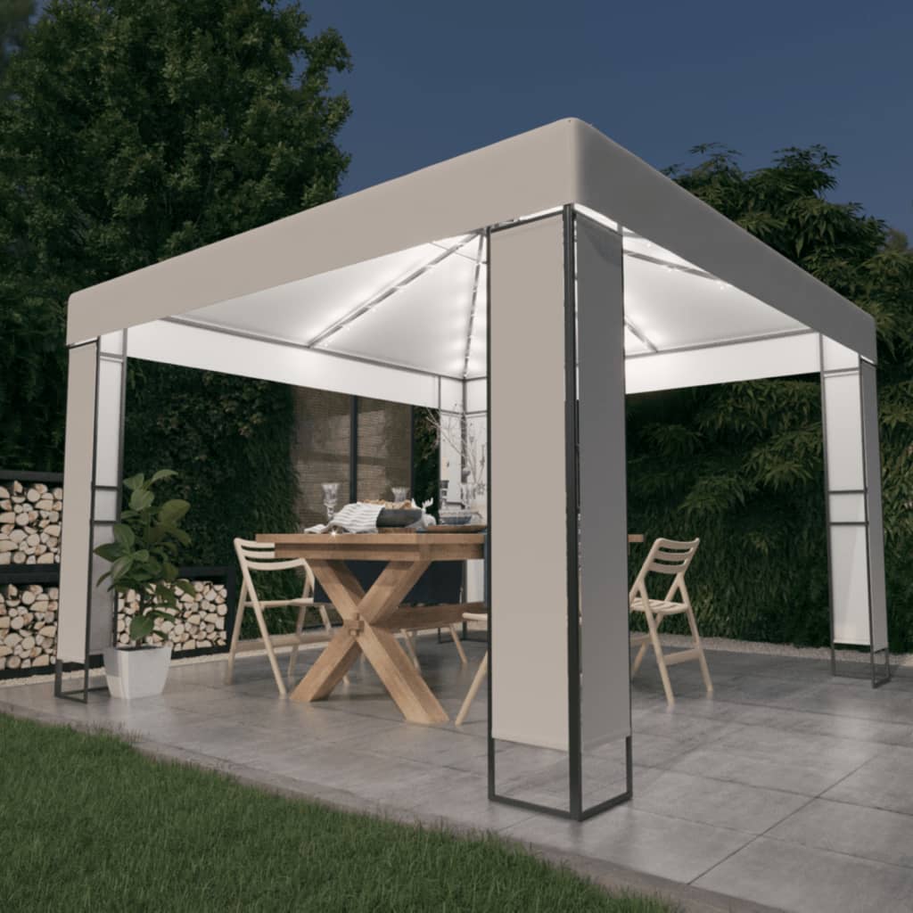 pavillon med dobbelt tag og LED-lyskæder 3x3 m hvid