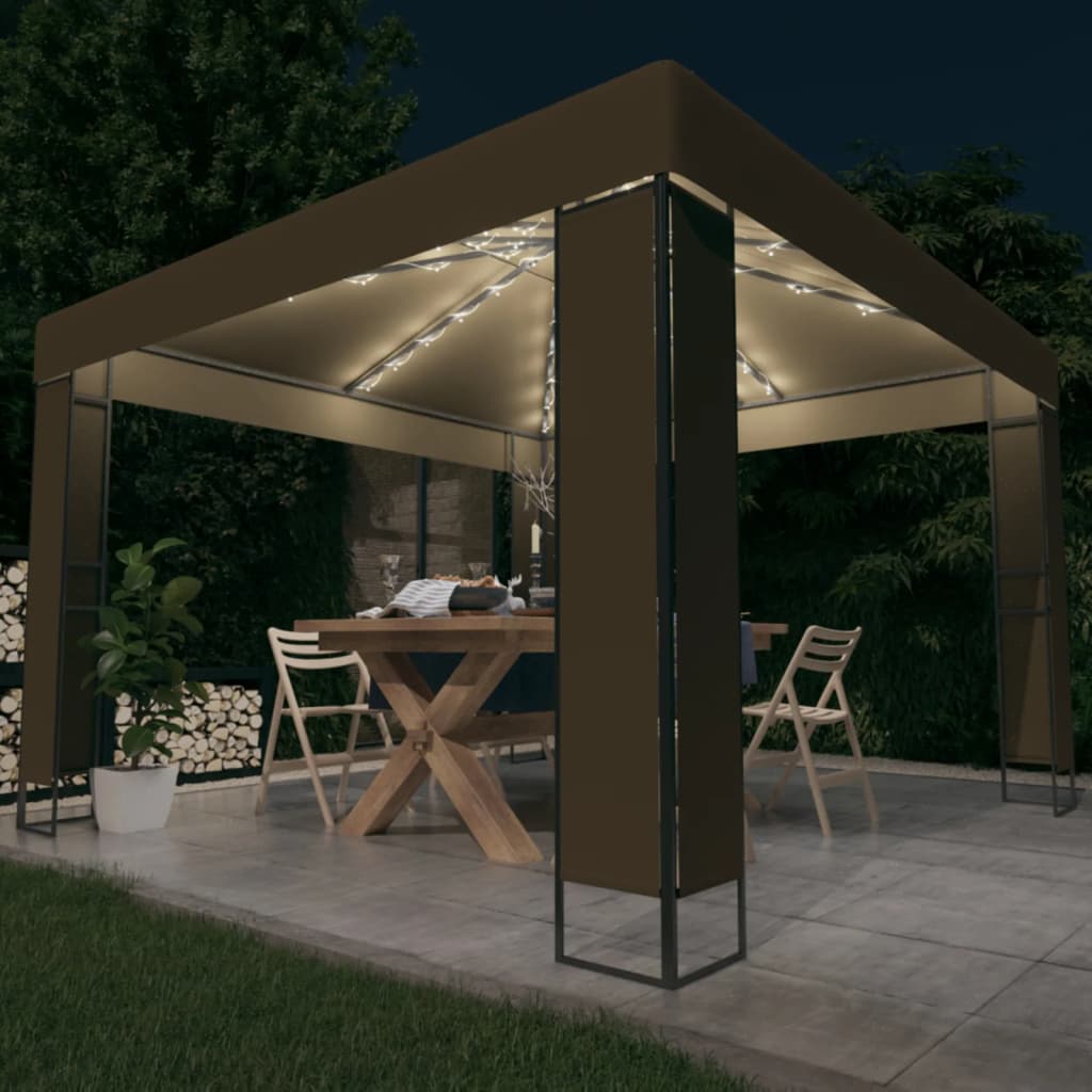 pavillon med dobbelt tag og LED-lyskæder 3x3x2,7 m gråbrun