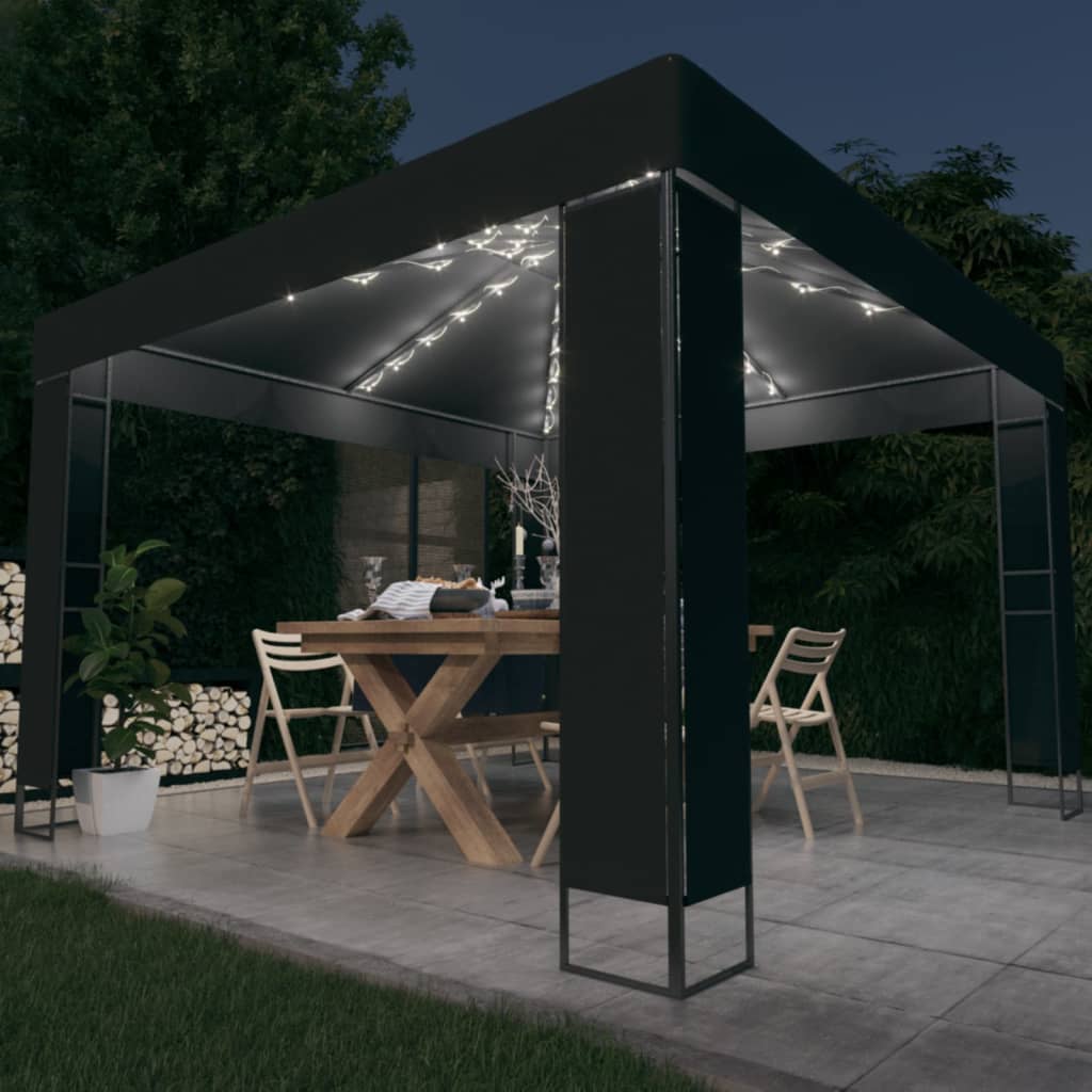 pavillon med dobbelt tag og LED-lyskæder 3x3 m antracitgrå