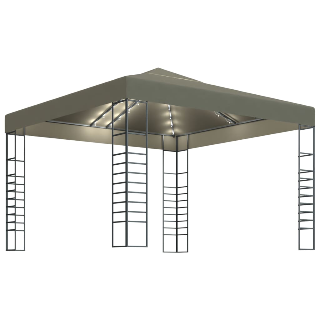pavillon med LED-lyskæder 3x3 m gråbrun