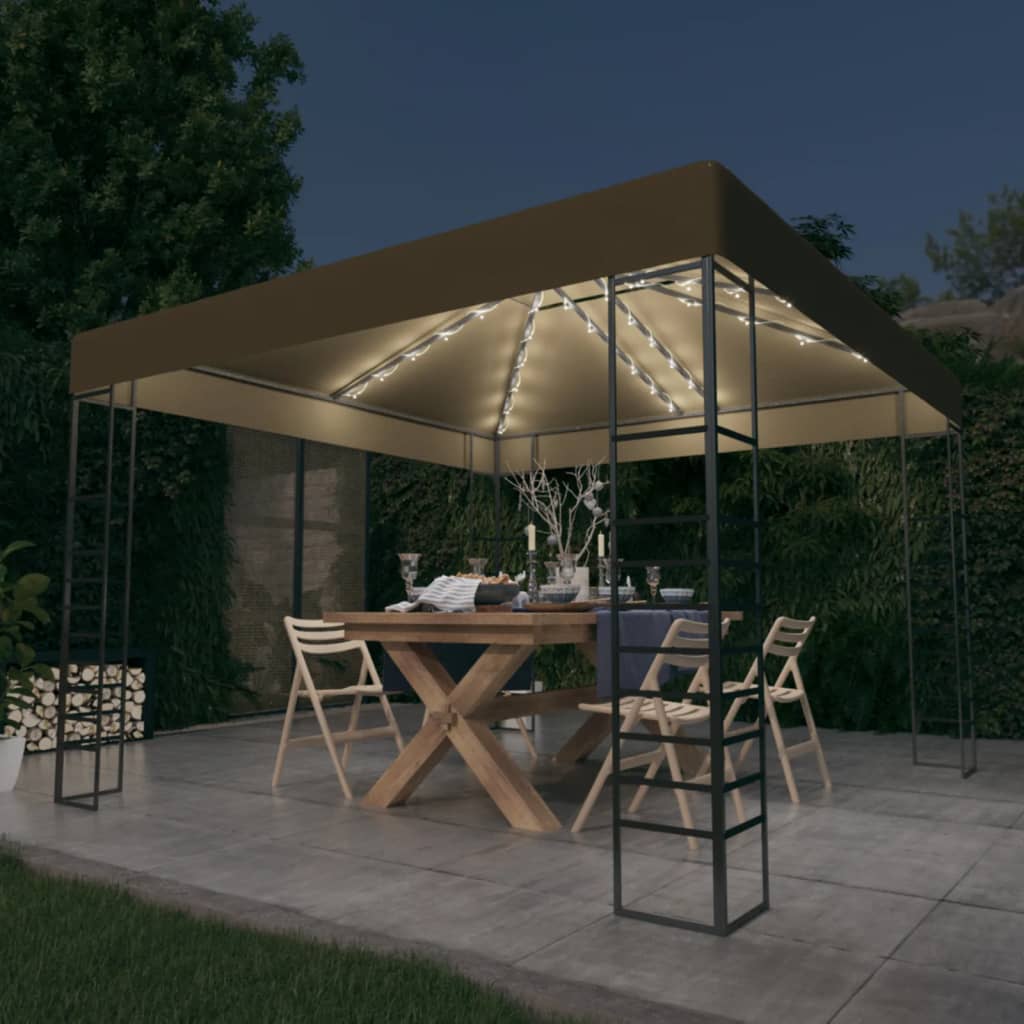 pavillon med LED-lyskæder 3x3 m gråbrun