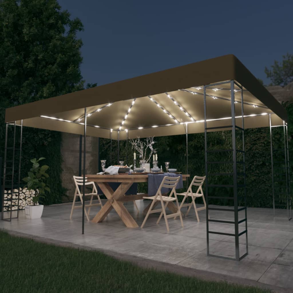 pavillon med LED-lyskæder 3x4 m gråbrun