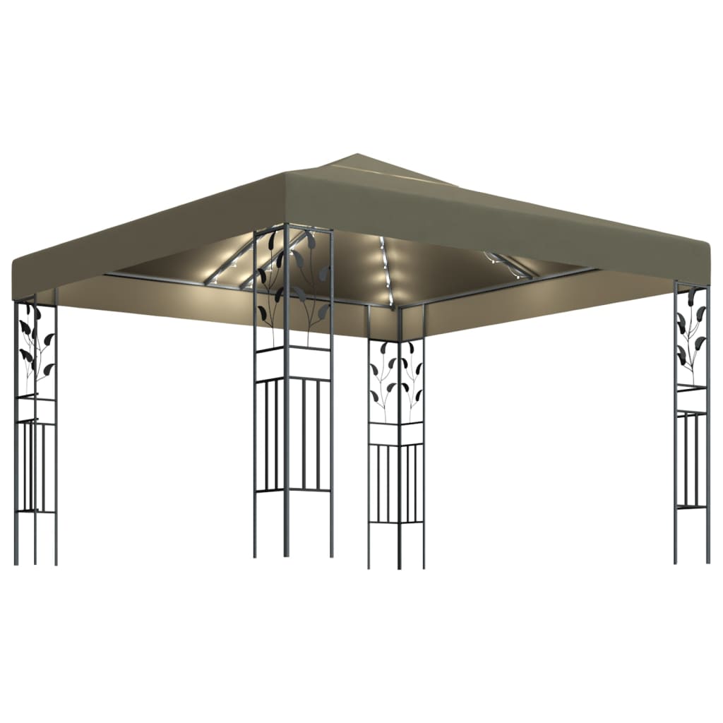 pavillon med LED-lyskæder 3x3 m gråbrun