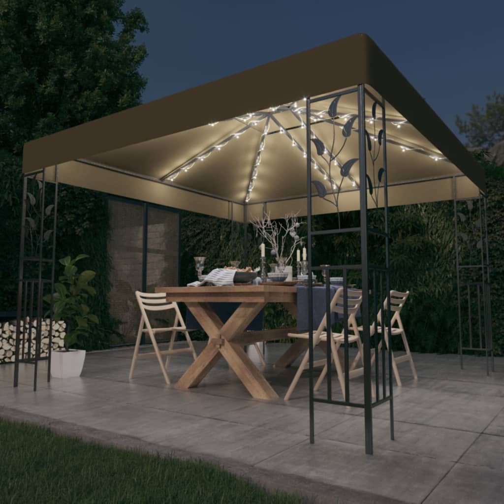 pavillon med LED-lyskæder 3x3 m gråbrun