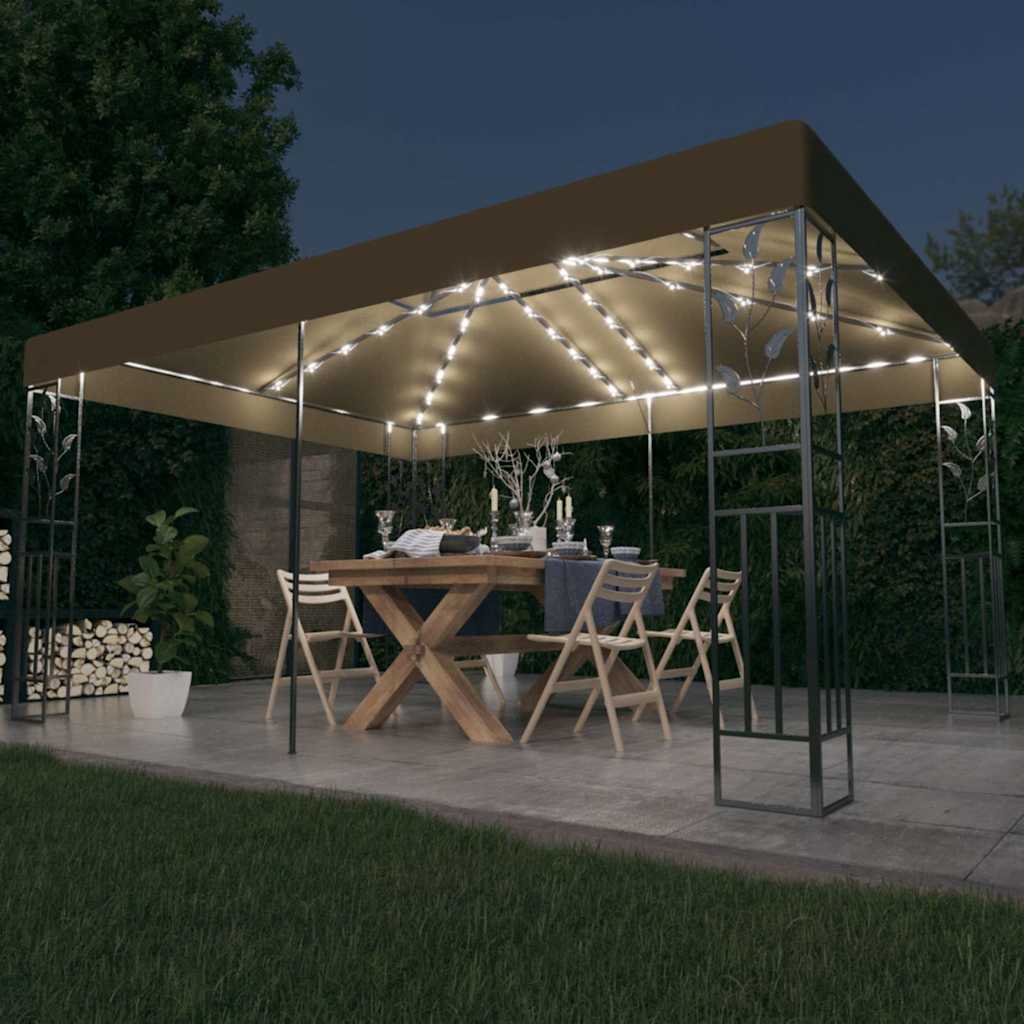 pavillon med dobbelt tag og LED-lyskæder 3x4 m gråbrun