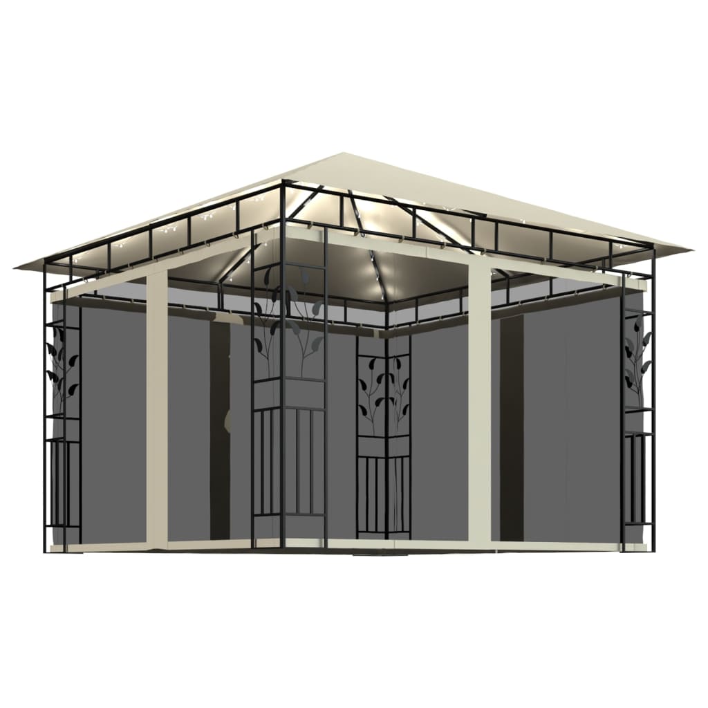 pavillon med myggenet og LED-lyskæder 3x3x2,73 m cremefarvet