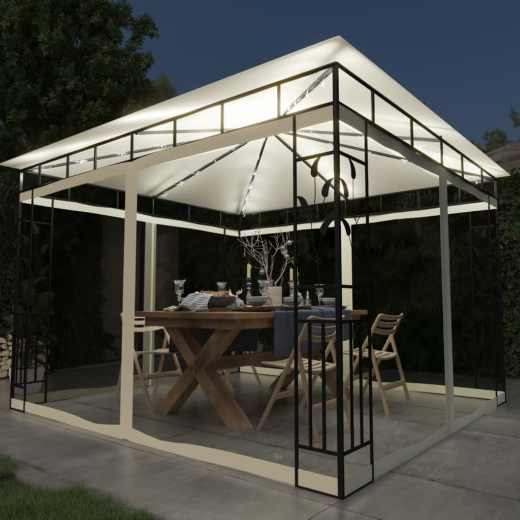 pavillon med myggenet og LED-lyskæder 3x3x2,73 m cremefarvet