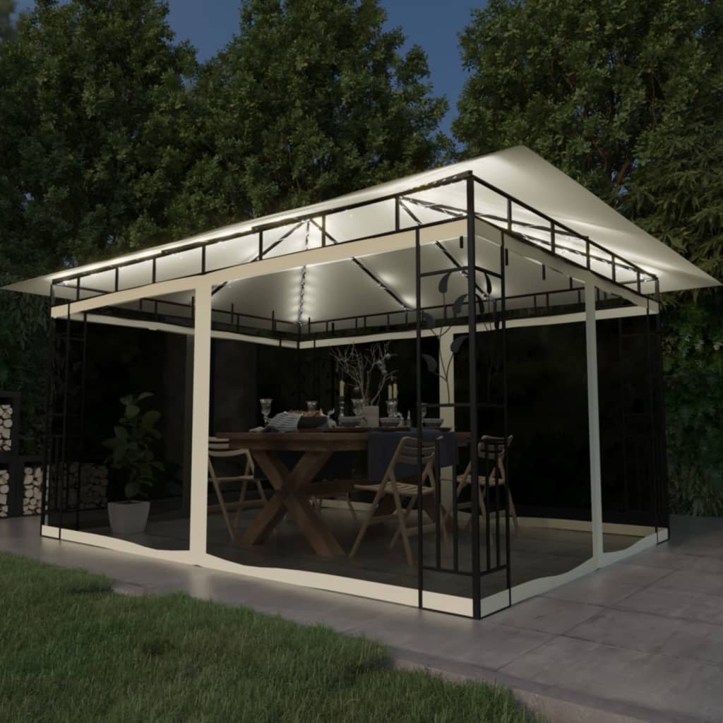 pavillon med myggenet og LED-lyskæder 4x3x2,73 m cremefarvet