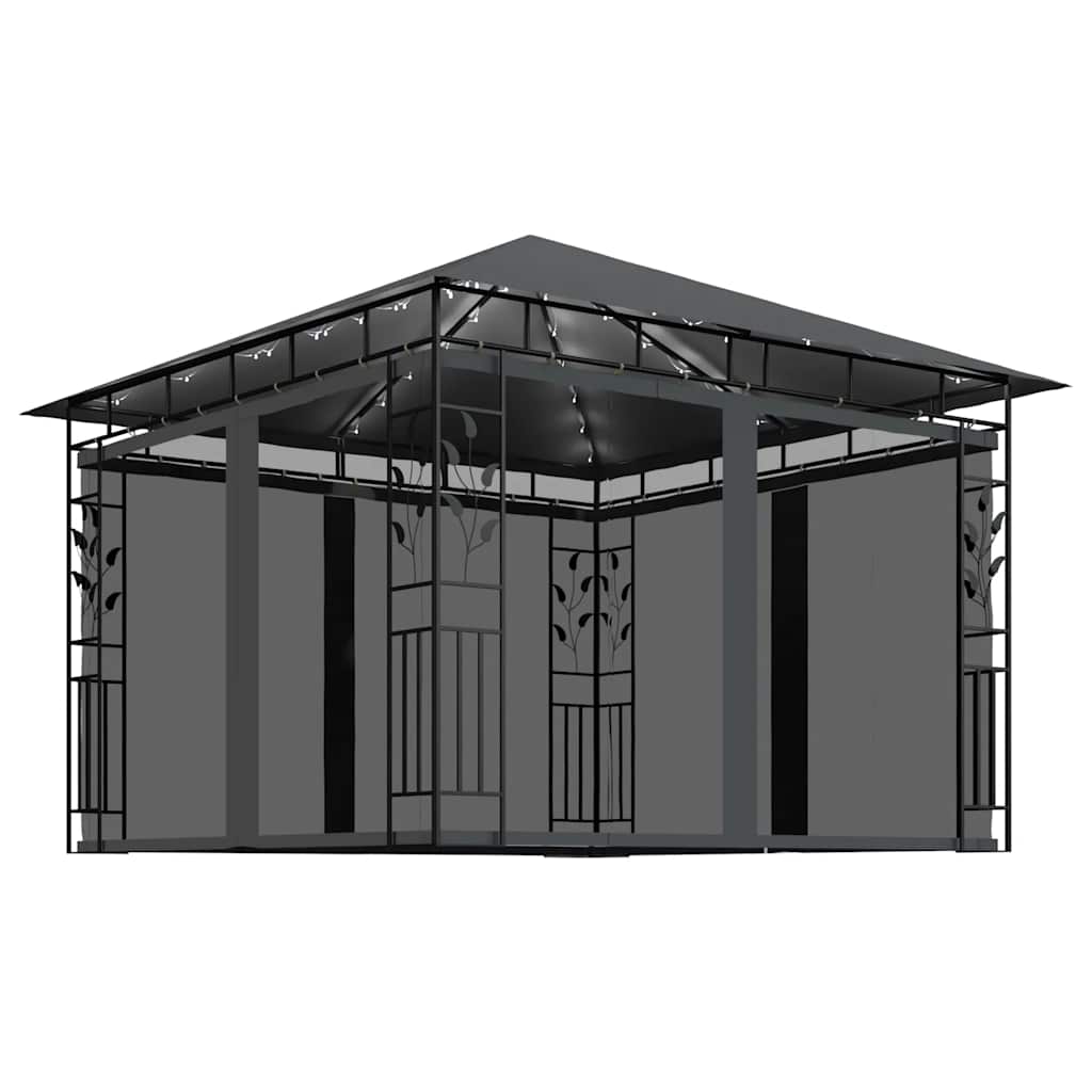 pavillon med myggenet og LED-lyskæder 3x3x2,73 m antracitgrå