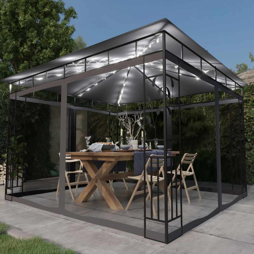 pavillon med myggenet og LED-lyskæder 3x3x2,73 m antracitgrå