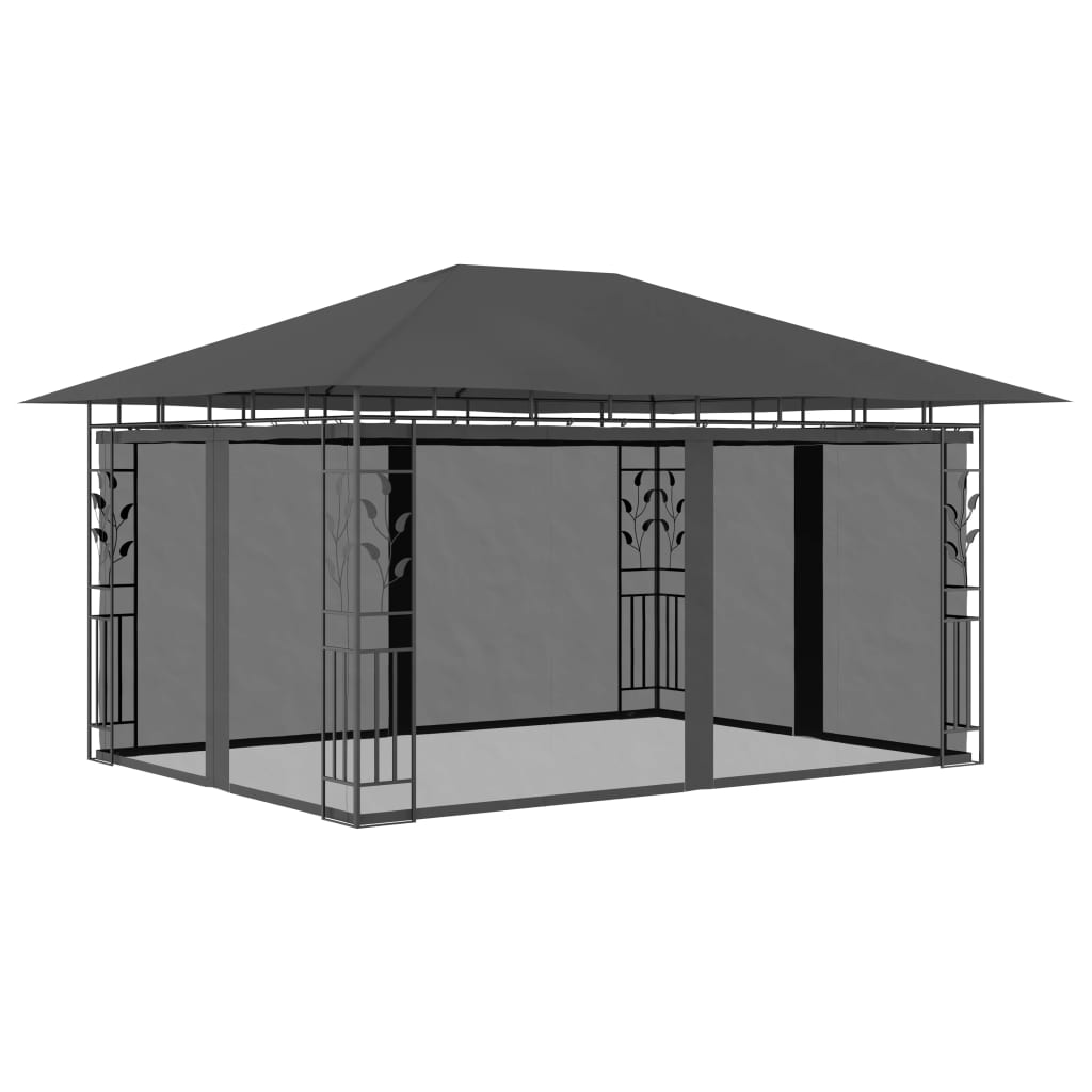 pavillon med myggenet og LED-lyskæder 4x3x2,73 m antracitgrå