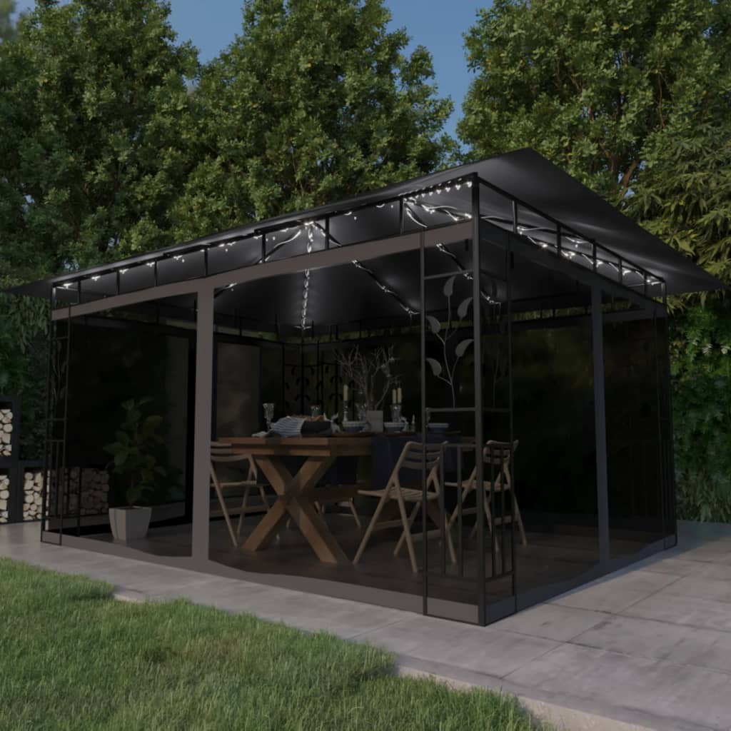 pavillon med myggenet og LED-lyskæder 4x3x2,73 m antracitgrå