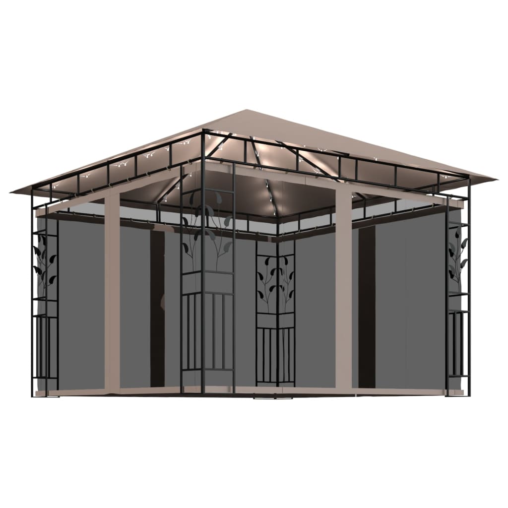 pavillon med myggenet og LED-lyskæder 3x3x2,73 m gråbrun