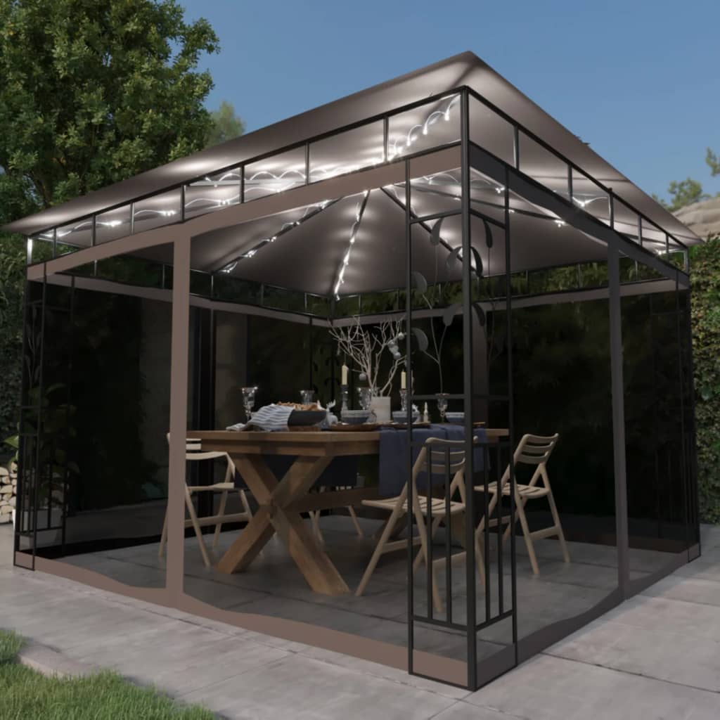 pavillon med myggenet og LED-lyskæder 3x3x2,73 m gråbrun