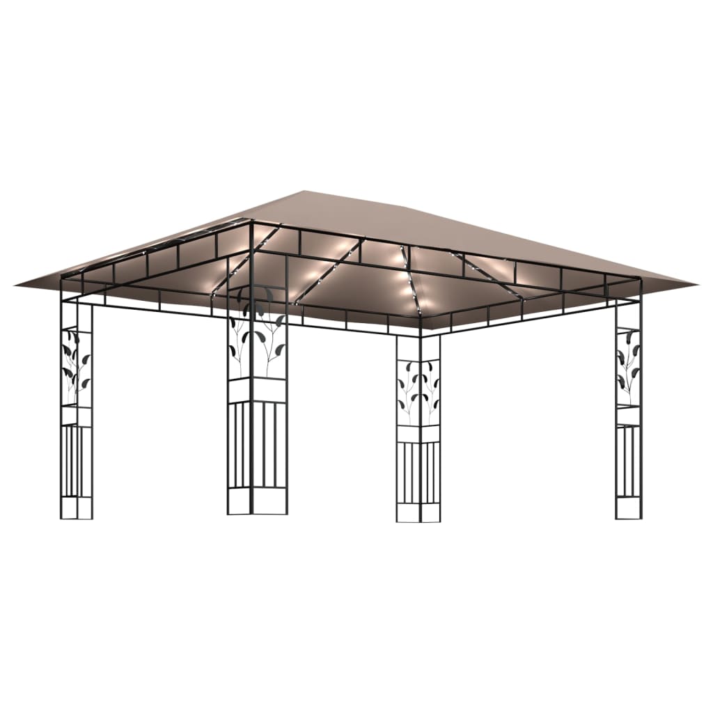 pavillon med myggenet + LED-lyskæder 4x3x2,73 m gråbrun