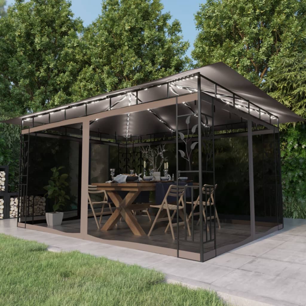 pavillon med myggenet + LED-lyskæder 4x3x2,73 m gråbrun