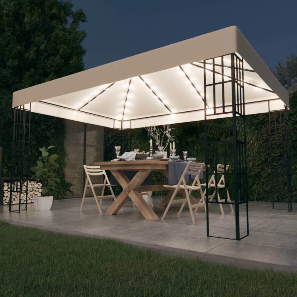 pavillon med LED-lyskæder 3x4 m cremefarvet