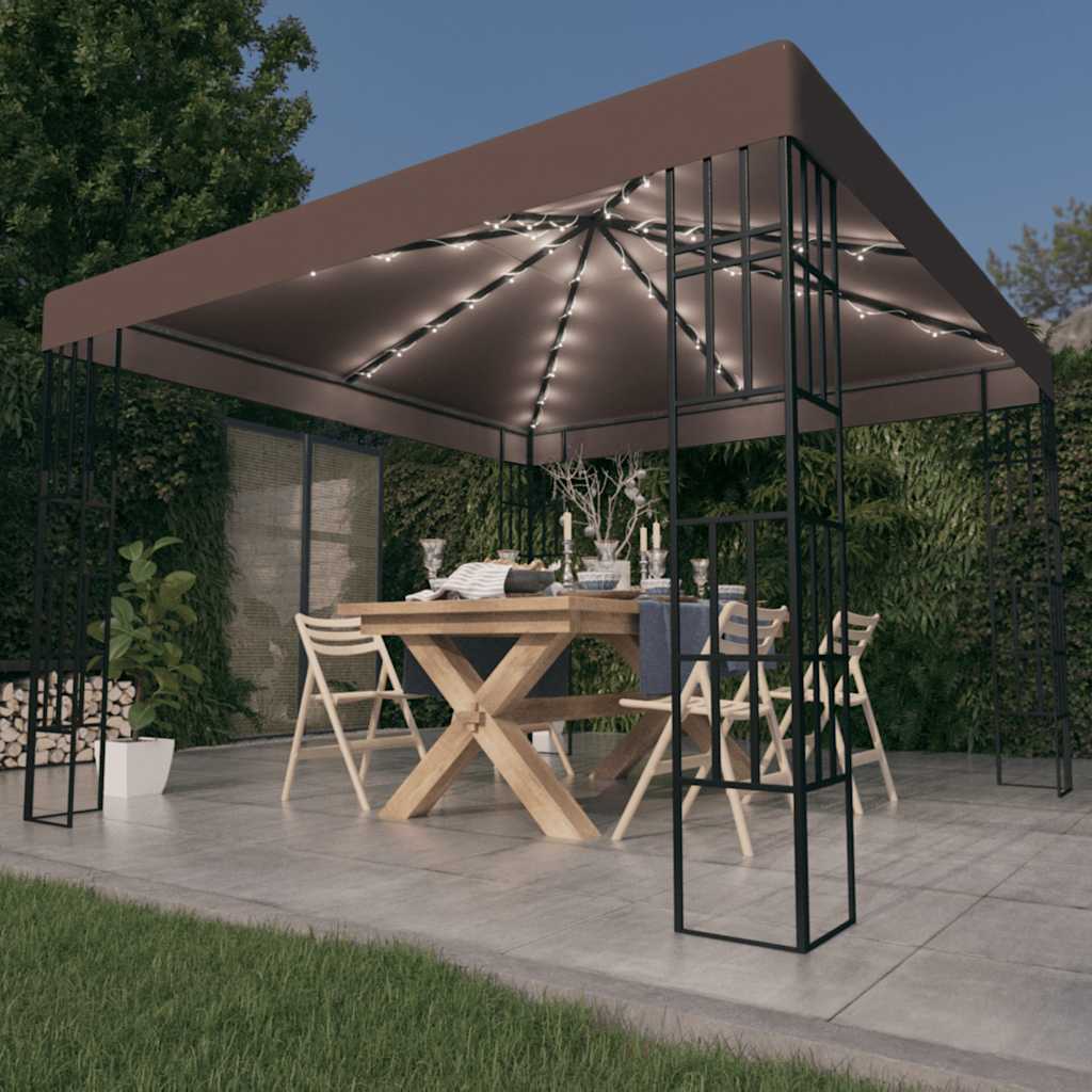 pavillon med LED-lyskæder 3x3 m gråbrun