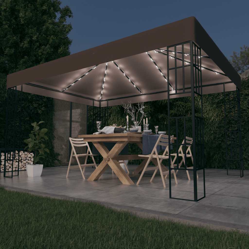 pavillon med LED-lyskæder 4x3 m gråbrun