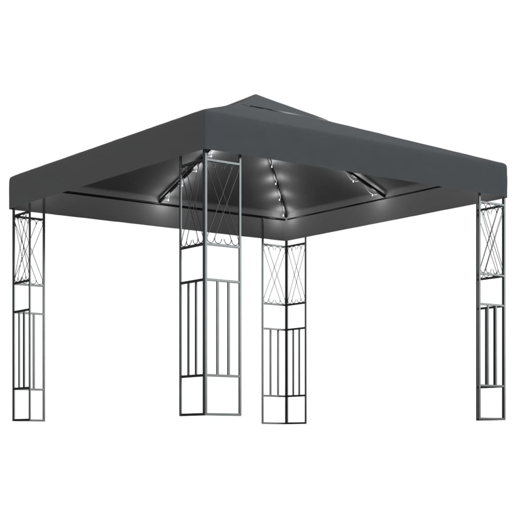 pavillon med LED-lyskæder 3x3 m stof antracitgrå