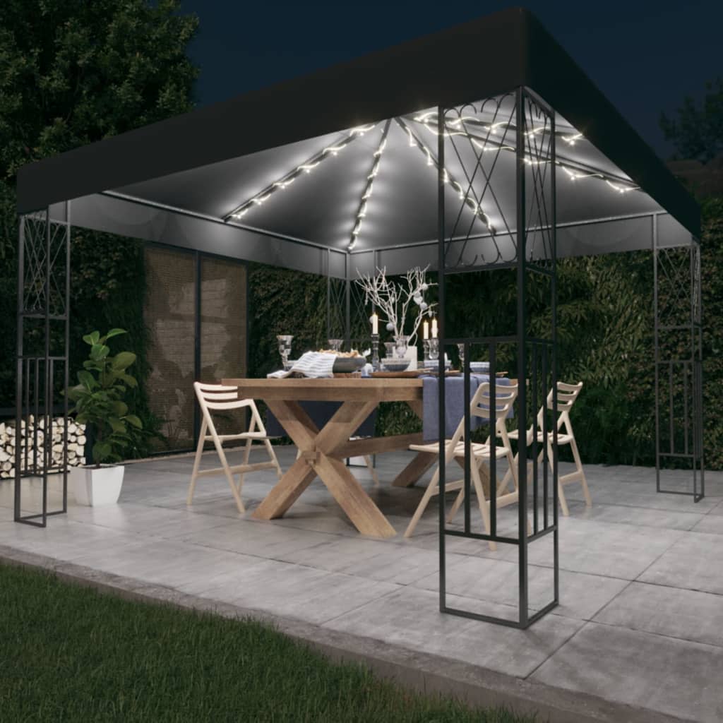 pavillon med LED-lyskæder 3x3 m stof antracitgrå