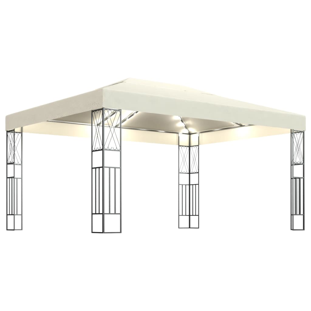 pavillon med LED-lyskæder 3x4 m stof cremefarvet