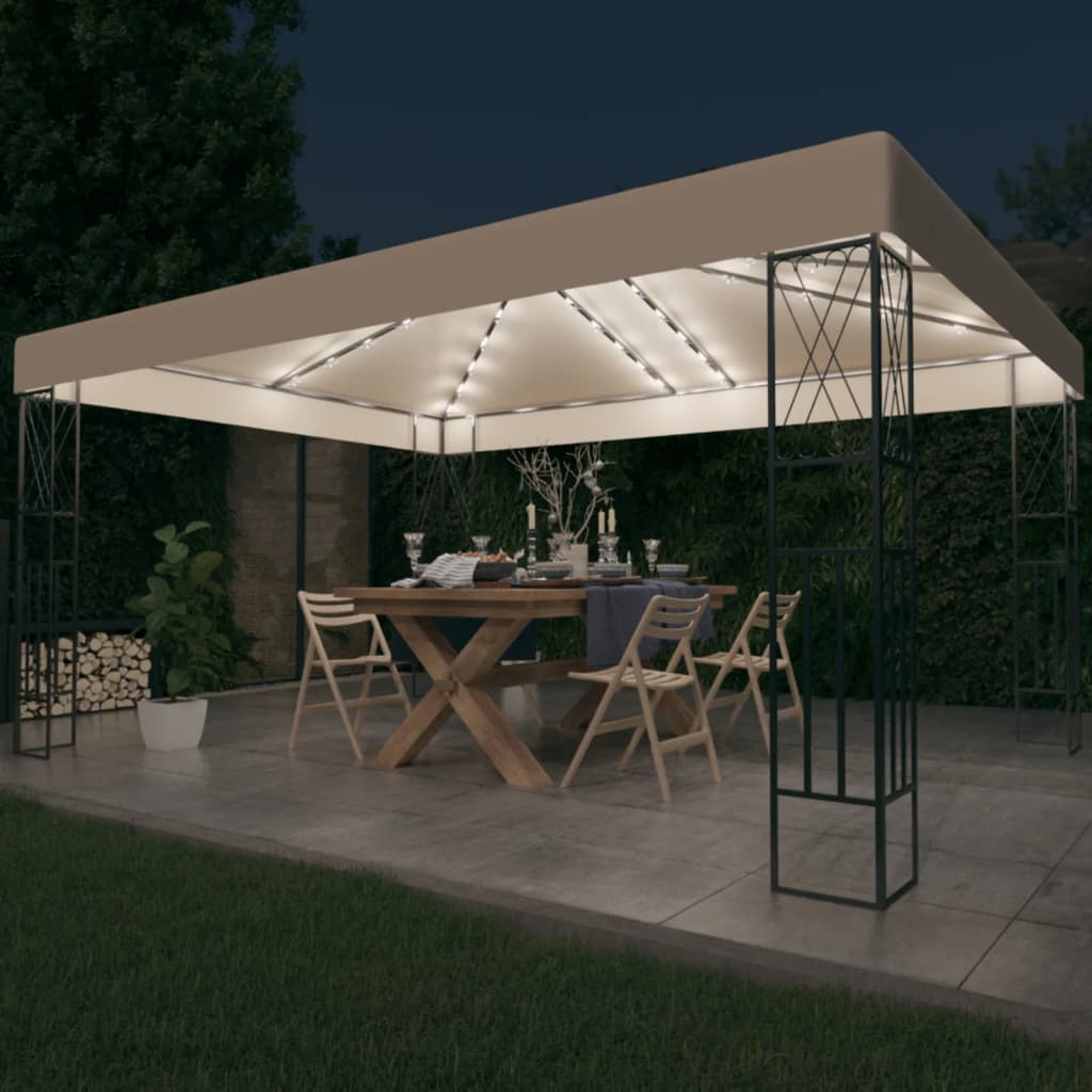 pavillon med LED-lyskæder 3x4 m stof cremefarvet