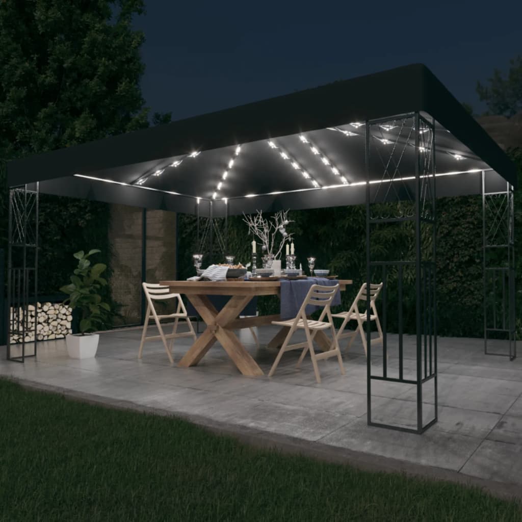 pavillon med LED-lyskæder 3x4 m stof antracitgrå