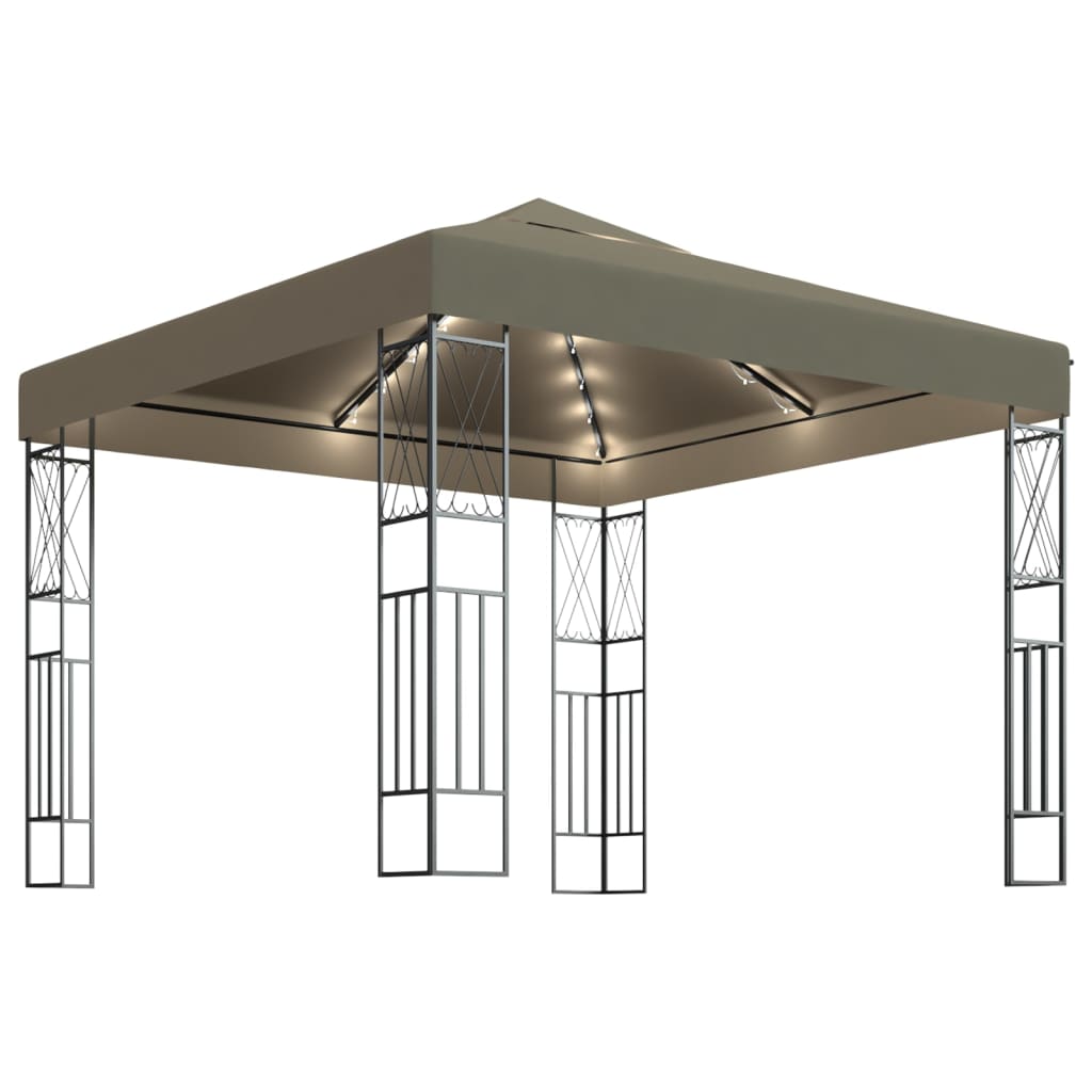 pavillon med LED-lyskæder 3x3 m stof gråbrun