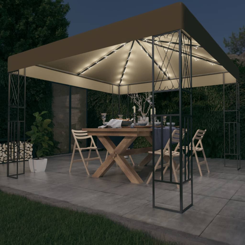 pavillon med LED-lyskæder 3x3 m stof gråbrun