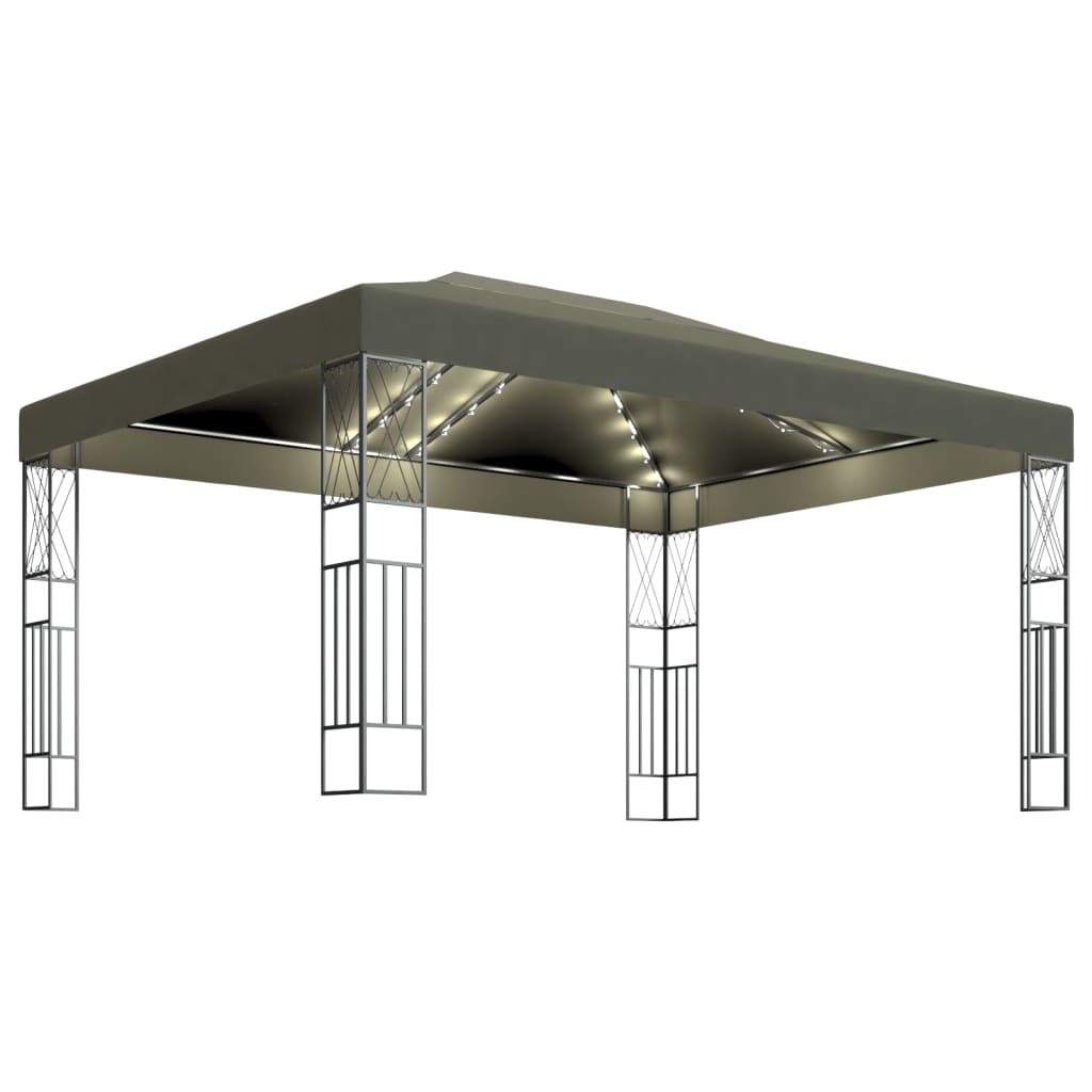 pavillon med LED-lyskæder 3x4 m stof gråbrun