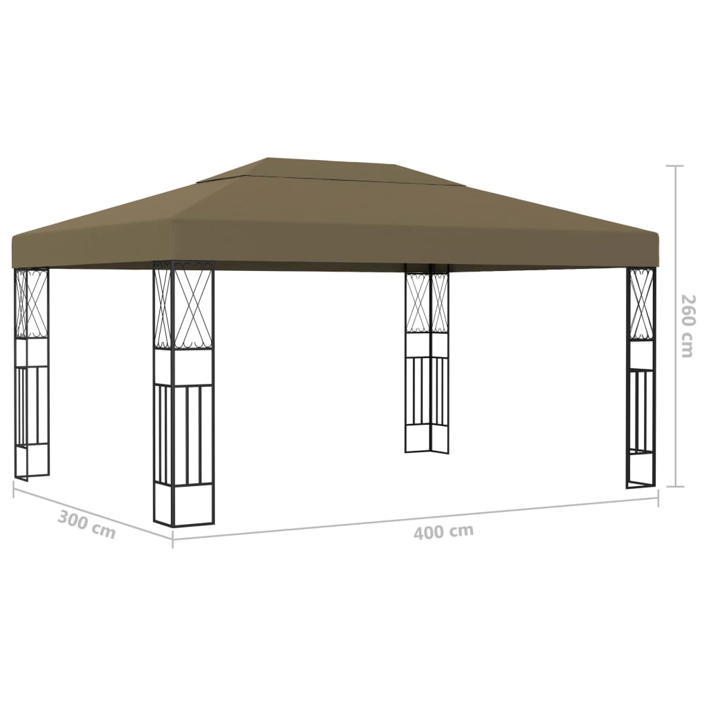 pavillon med LED-lyskæder 3x4 m stof gråbrun