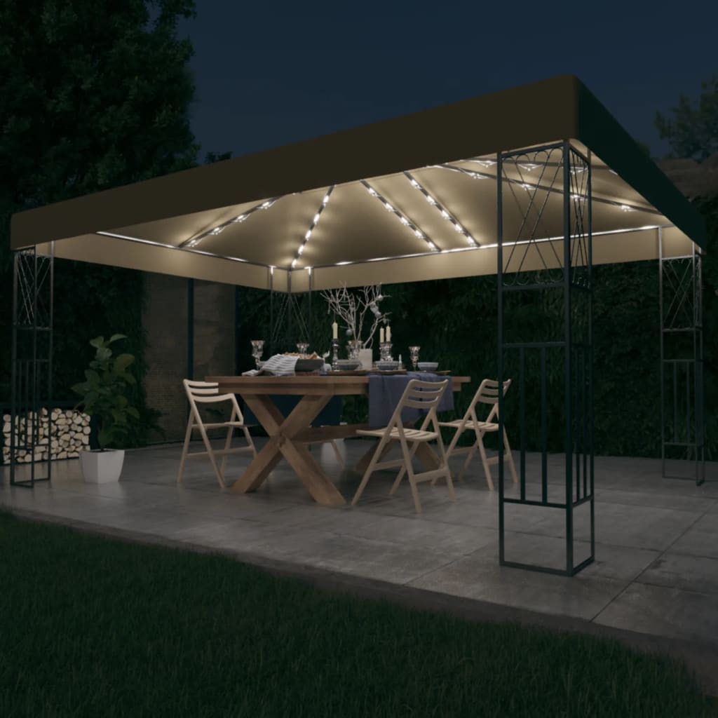 pavillon med LED-lyskæder 3x4 m stof gråbrun