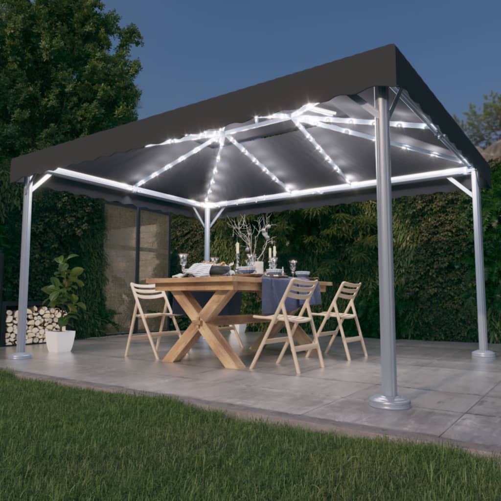 pavillon med LED-lyskæder 400x300 cm aluminium antracitgrå