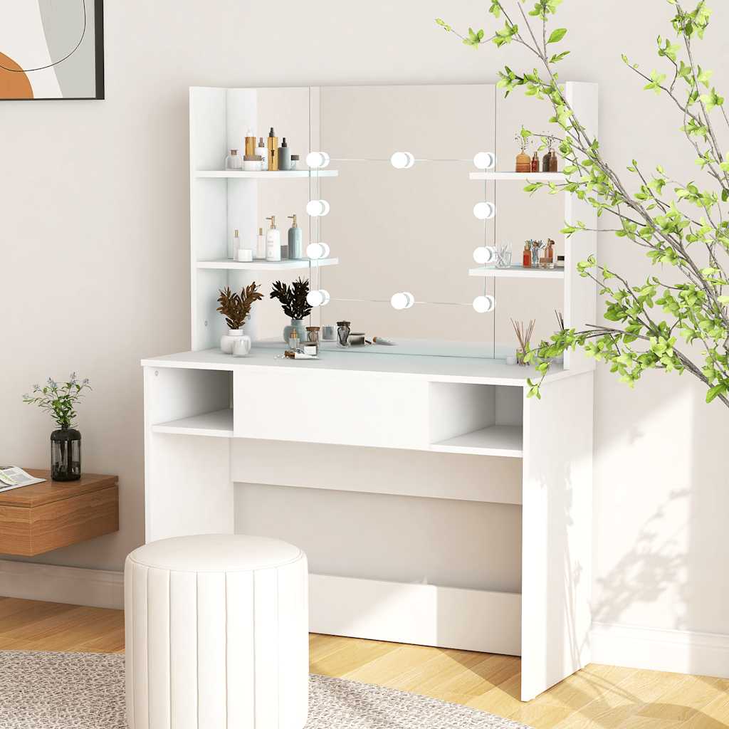 makeupbord med LED-lys 100x40x135 cm MDF hvid