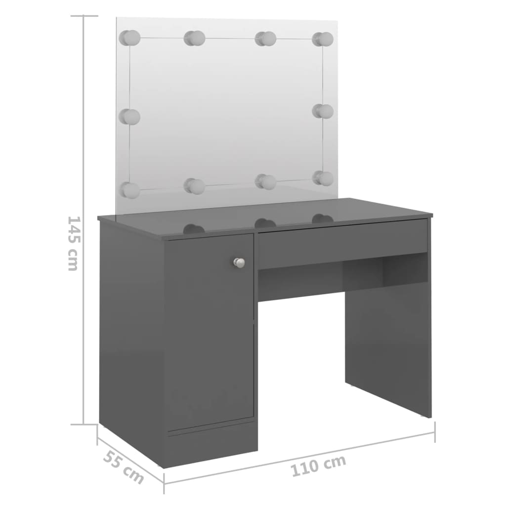 makeupbord med LED-lys 110x55x145 cm MDF blank grå