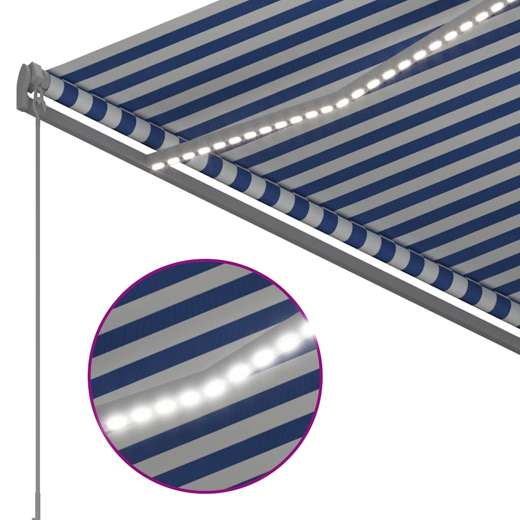 markise med LED-lys 300x250 cm manuel betjening blå og hvid