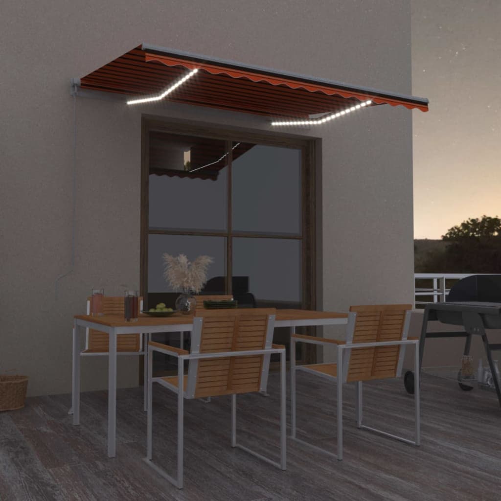 markise m. LED-lys 350x250 cm manuel betjening orange og brun