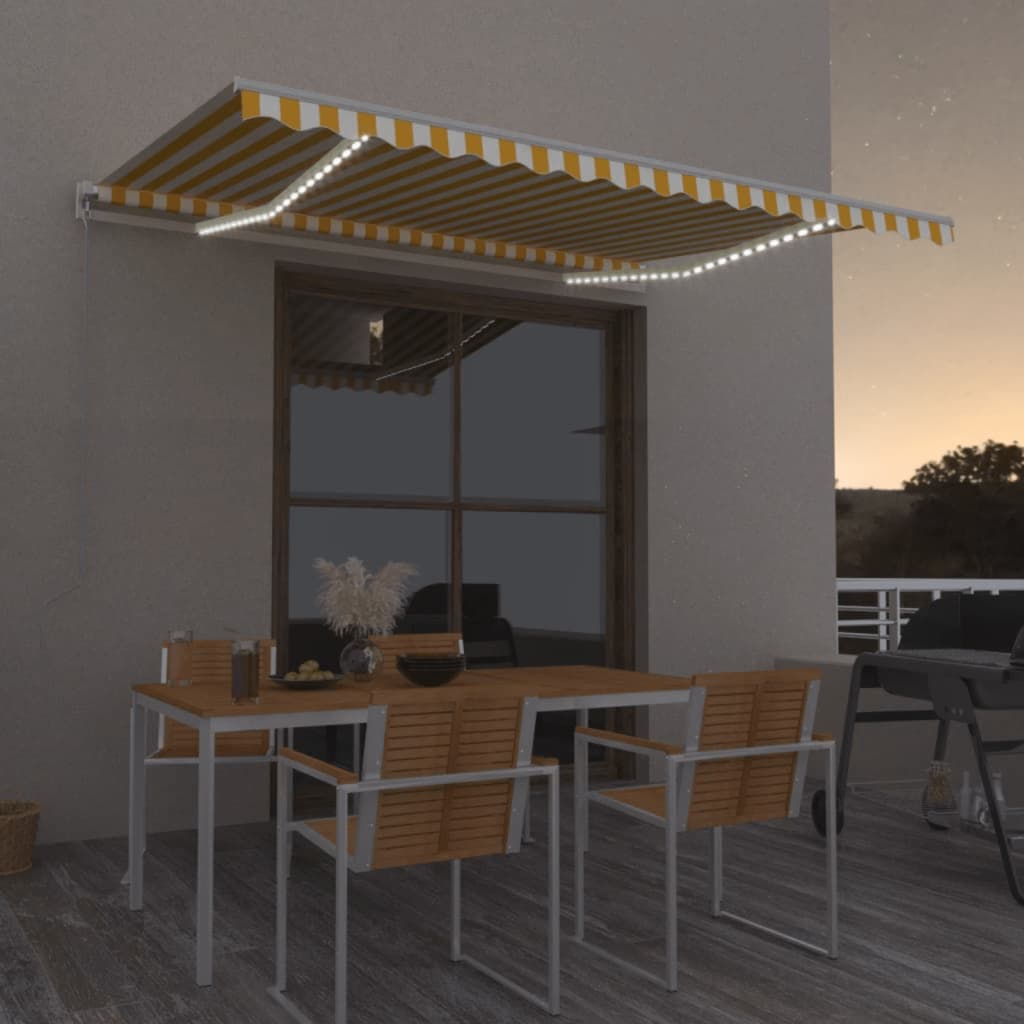 markise m. LED-lys 450x350 cm manuel betjening gul og hvid
