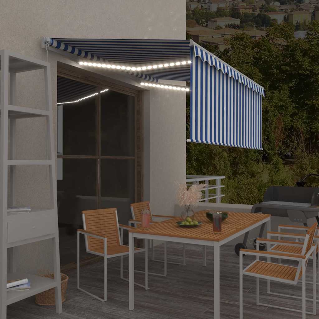 markise m. gardin + LED 3x2,5 m manuel betjening blå og hvid