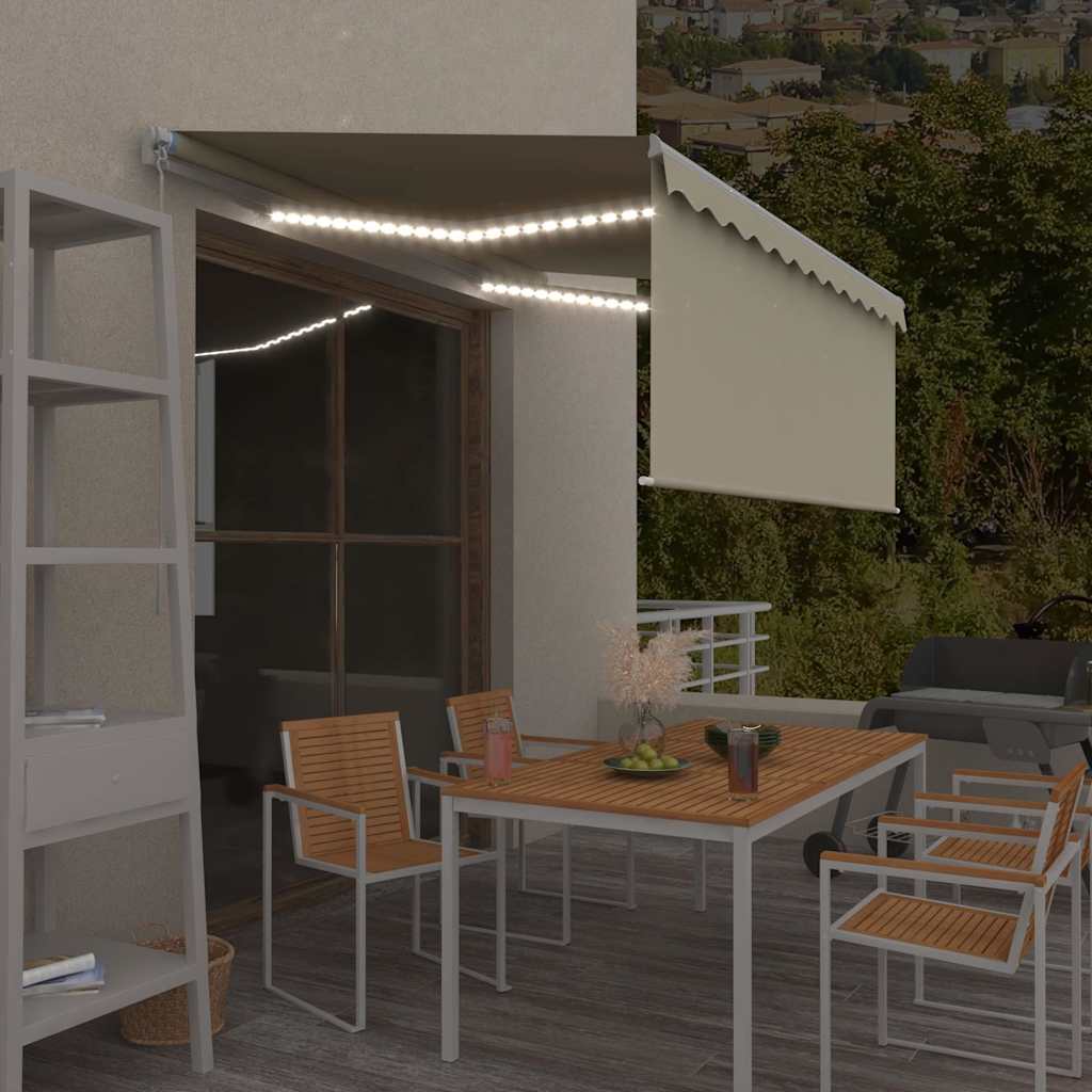 markise m. gardin + LED 3x2,5 m manuel betjening cremefarvet