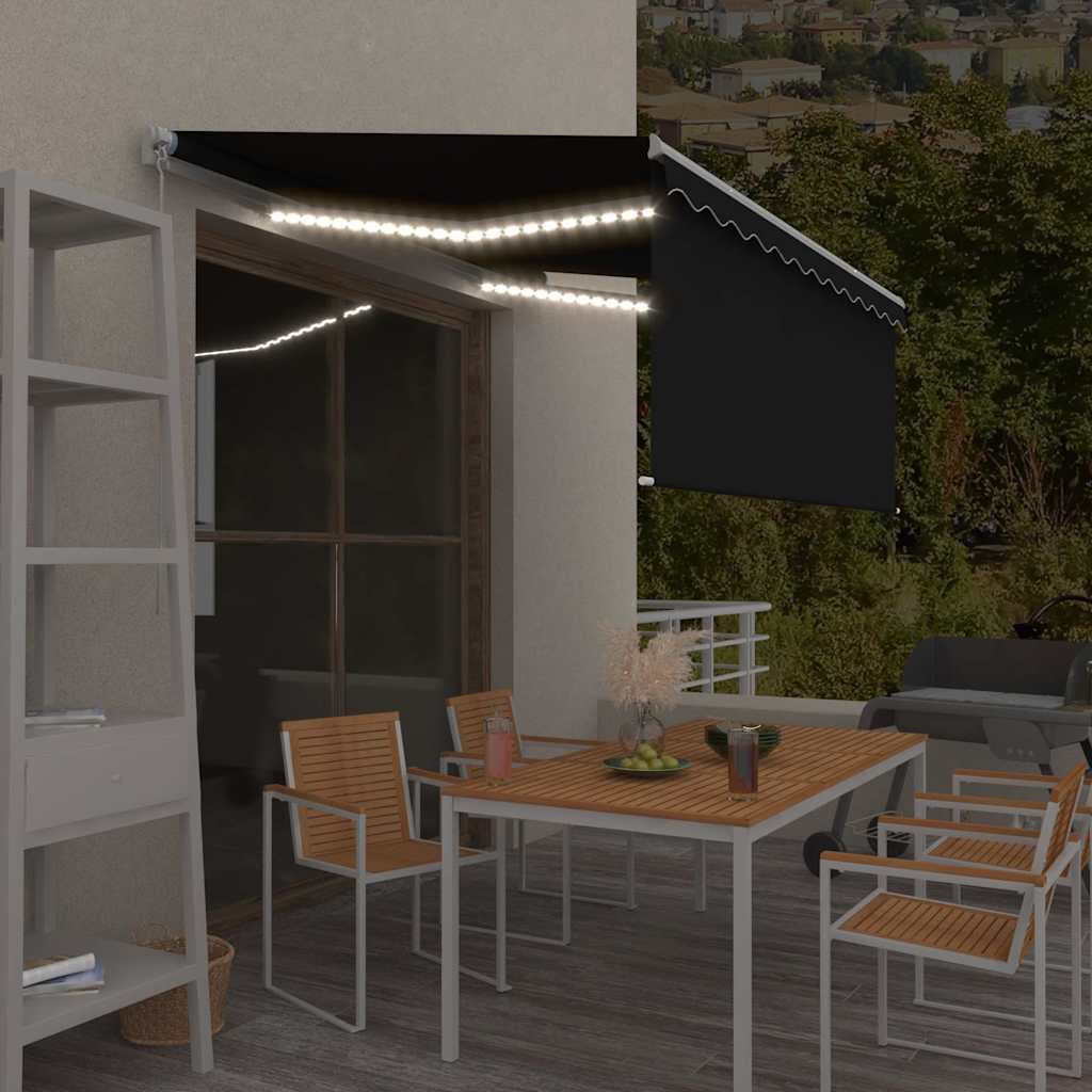 markise m. gardin + LED 3x2,5 m manuel betjening antracitgrå