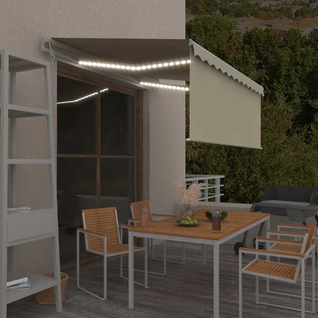 markise m. gardin+LED+vindsensor 3x2,5 m automatisk cremefarvet
