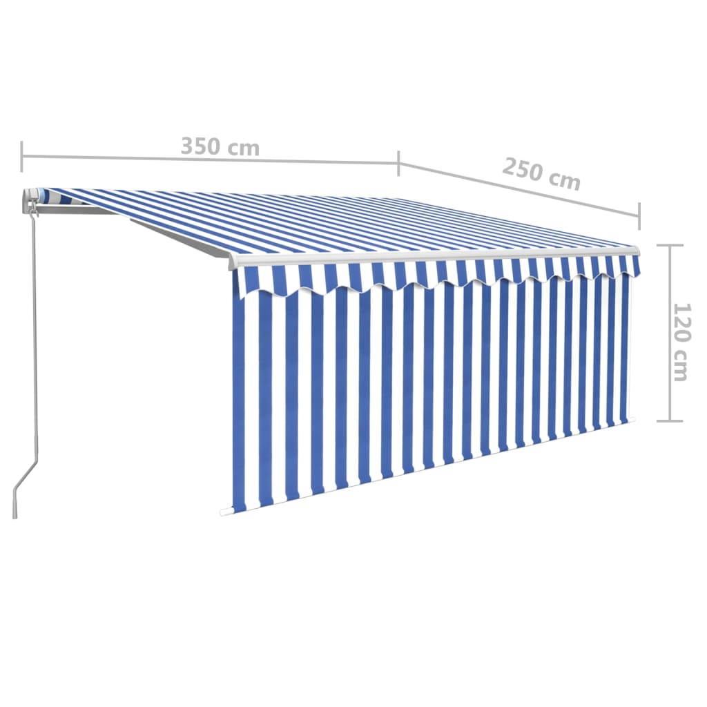 markise m. gardin + LED 3,5x2,5 m manuel betjening blå og hvid