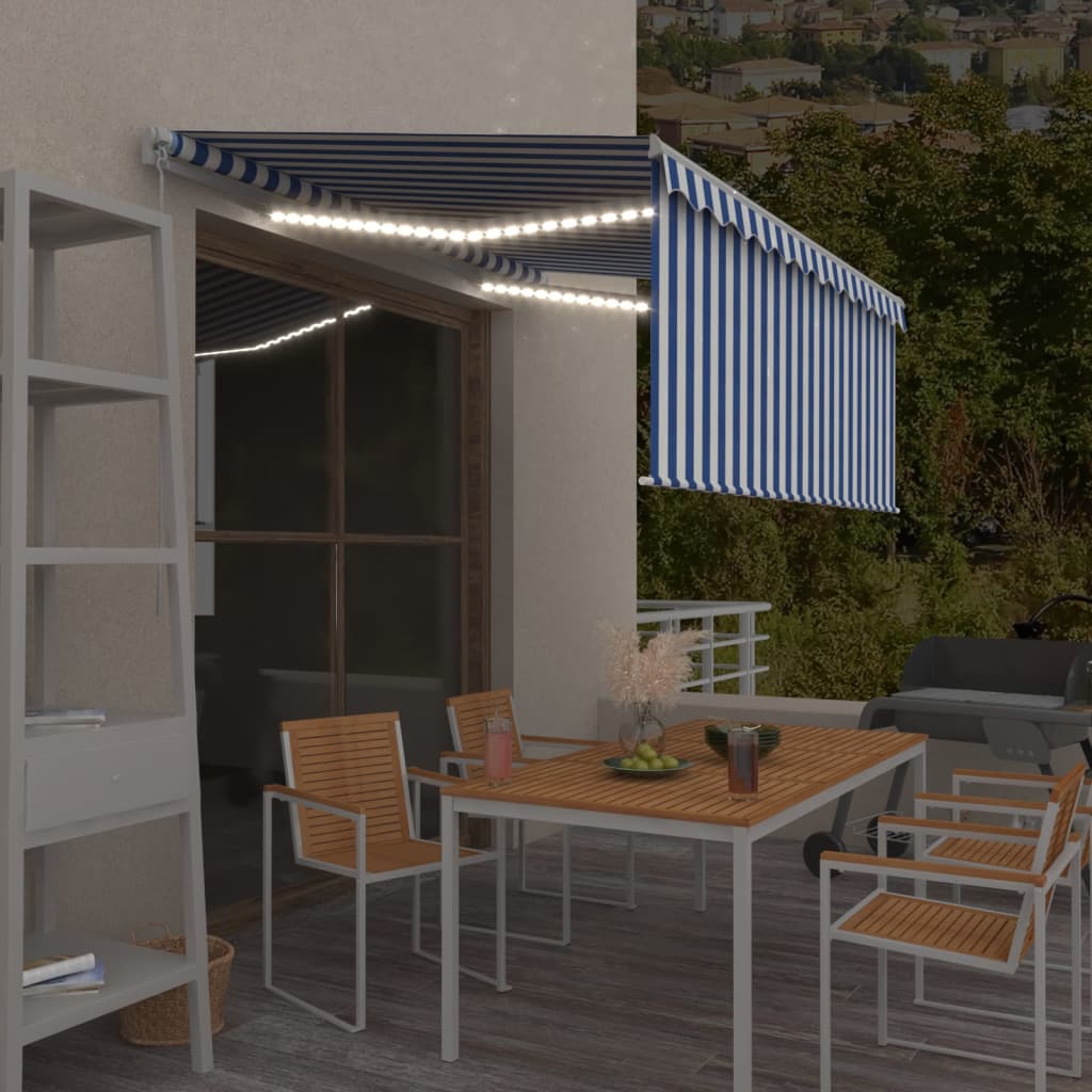 markise m. gardin + LED 3,5x2,5 m manuel betjening blå og hvid