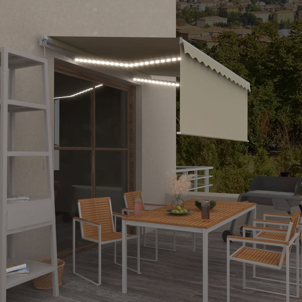 markise m. gardin + LED 3,5x2,5 m manuel betjening cremefarvet