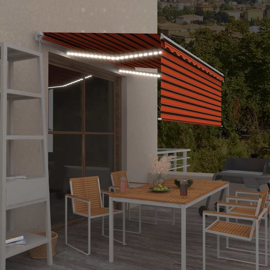 markise m. gardin + LED 3,5x2,5 m manuel betjening orange/brun