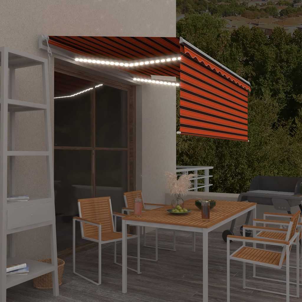 markise m. gardin+LED+vindsensor 3,5x2,5 m auto orange/brun