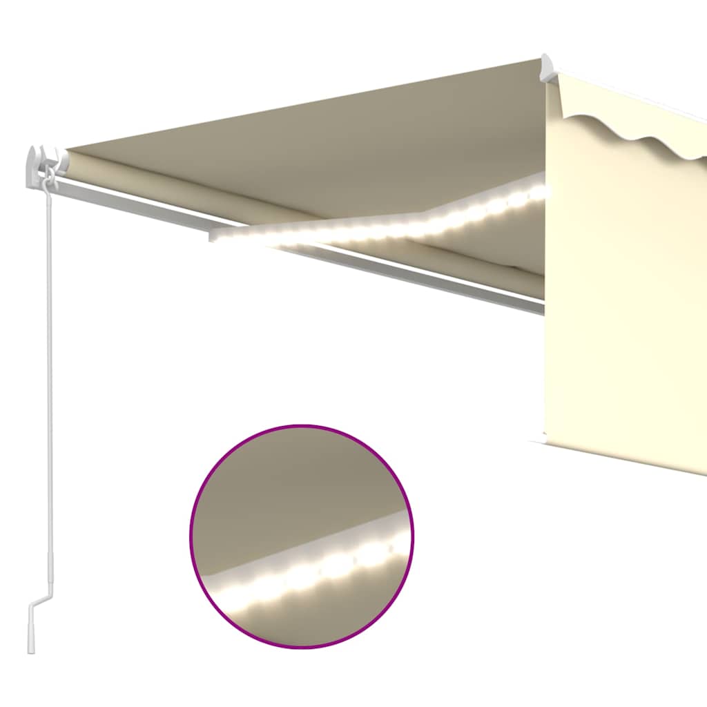 markise m. gardin + LED 4x3 m manuel betjening cremefarvet